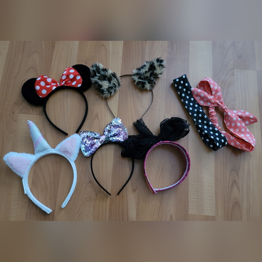 Girls Headbands Lot of 7 Pink Blue Unicorn Flower Bow Mickey Cat Hair Band Set